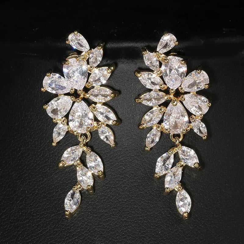 LXOEN Luxury Gorgeous Marquise Cluster Flower Shape Cubic Zirconia Long Dangle Drop Earrings for Brides Wedding Jewelry