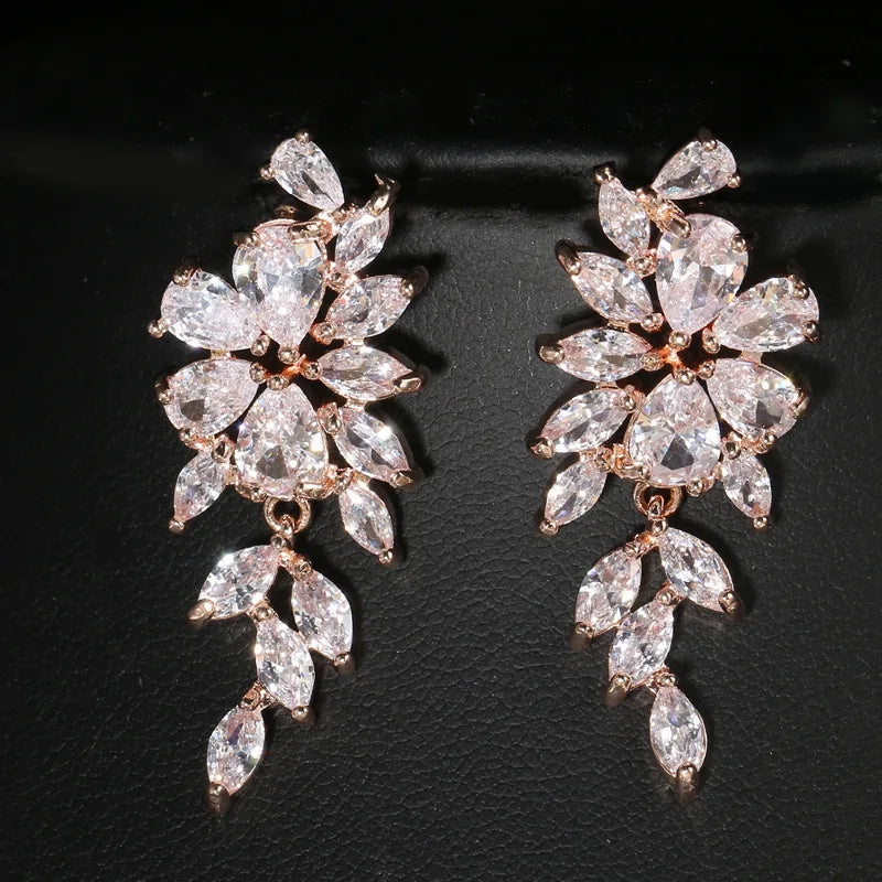 LXOEN Luxury Gorgeous Marquise Cluster Flower Shape Cubic Zirconia Long Dangle Drop Earrings for Brides Wedding Jewelry