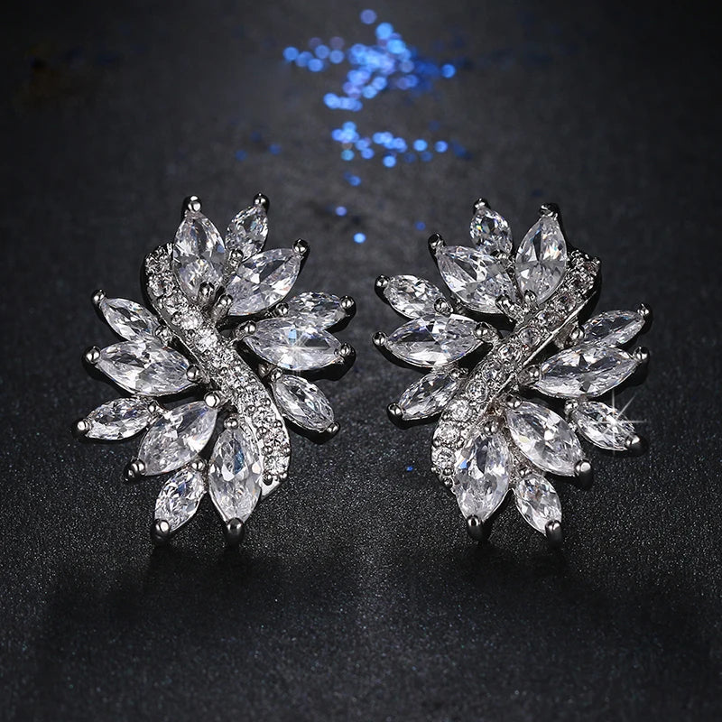 LXOEN Luxury Gorgeous Marquise Cluster Flower Shape Cubic Zirconia Long Dangle Drop Earrings for Brides Wedding Jewelry