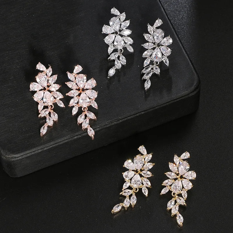 LXOEN Luxury Gorgeous Marquise Cluster Flower Shape Cubic Zirconia Long Dangle Drop Earrings for Brides Wedding Jewelry