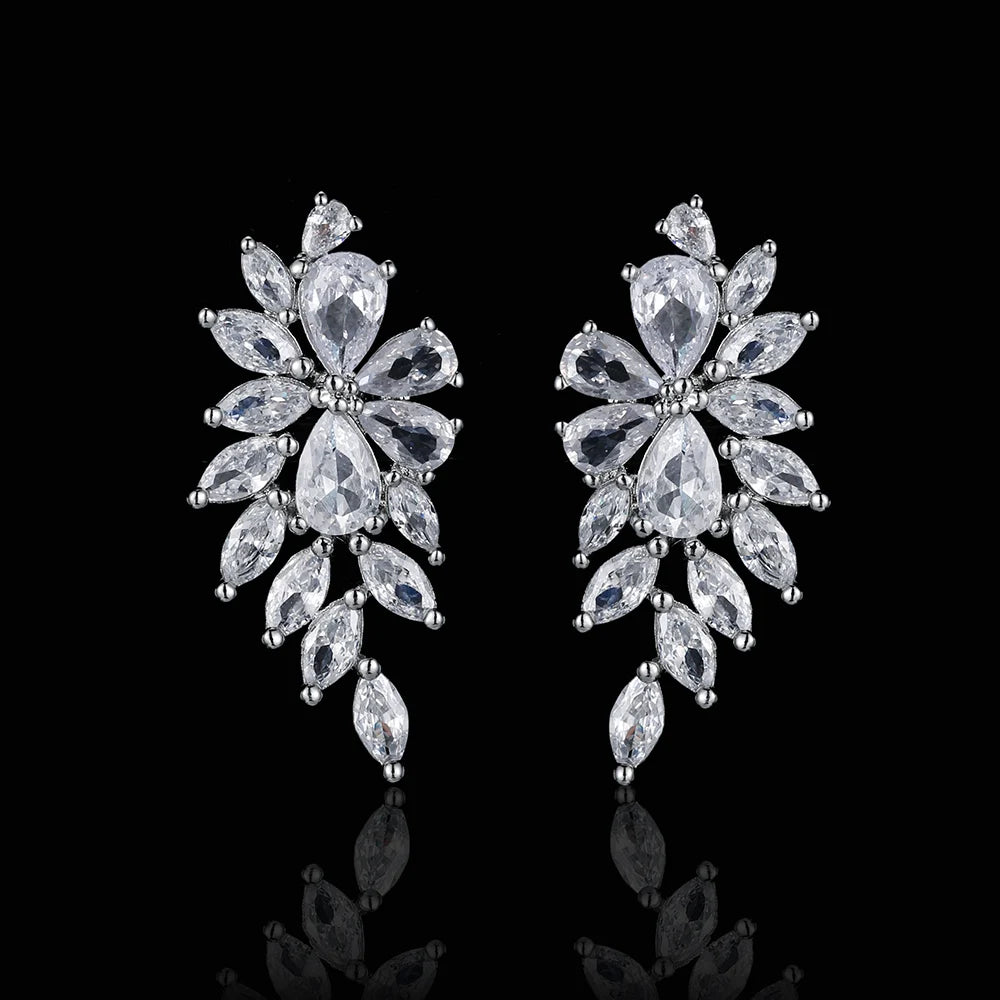 LXOEN Luxury Gorgeous Marquise Cluster Flower Shape Cubic Zirconia Long Dangle Drop Earrings for Brides Wedding Jewelry