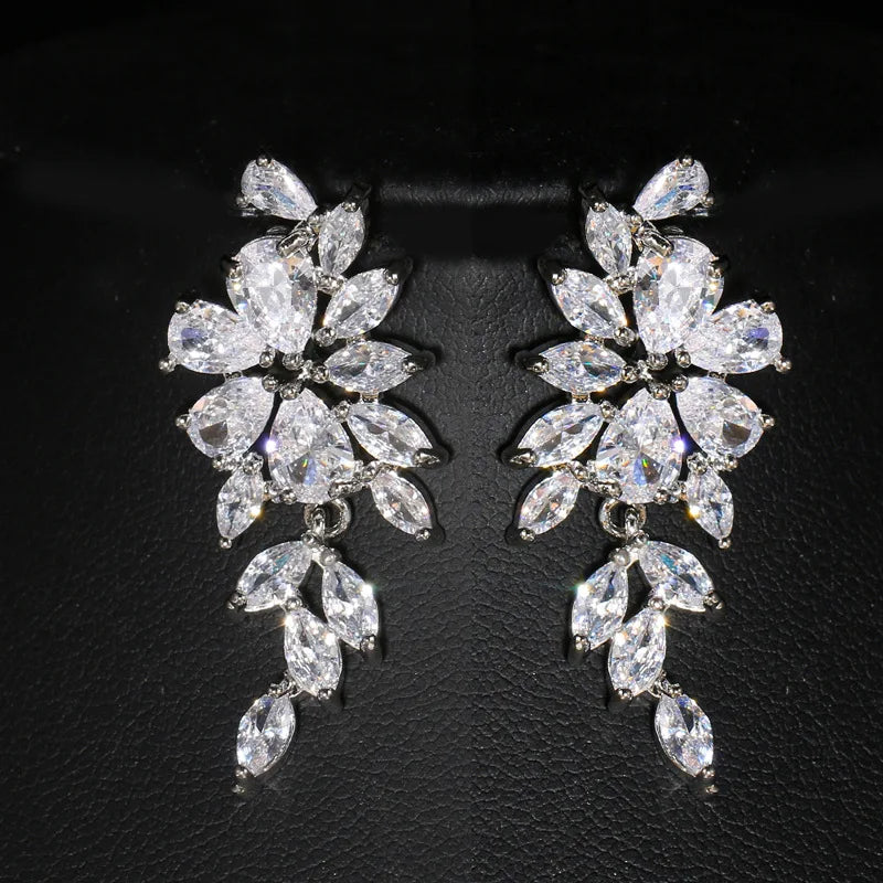 LXOEN Luxury Gorgeous Marquise Cluster Flower Shape Cubic Zirconia Long Dangle Drop Earrings for Brides Wedding Jewelry