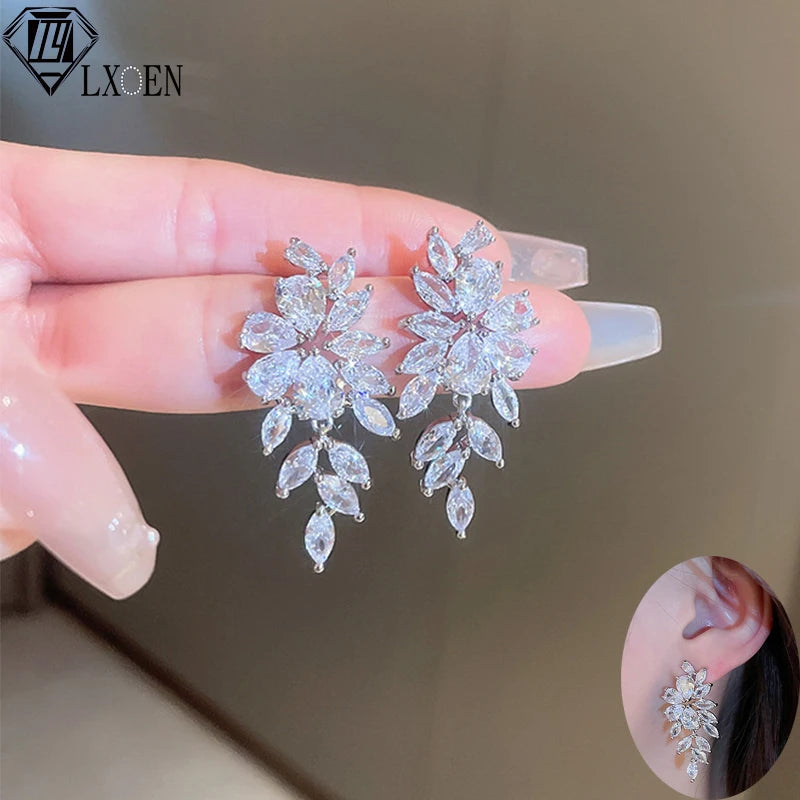 LXOEN Luxury Gorgeous Marquise Cluster Flower Shape Cubic Zirconia Long Dangle Drop Earrings for Brides Wedding Jewelry